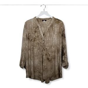 Cocomo V-neck Sequin Tan Tie-Dye Roll-Tab Sleeves Shirt - Size XL